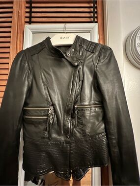 Mango Black Leather Moto Jacket with Quilted Hem